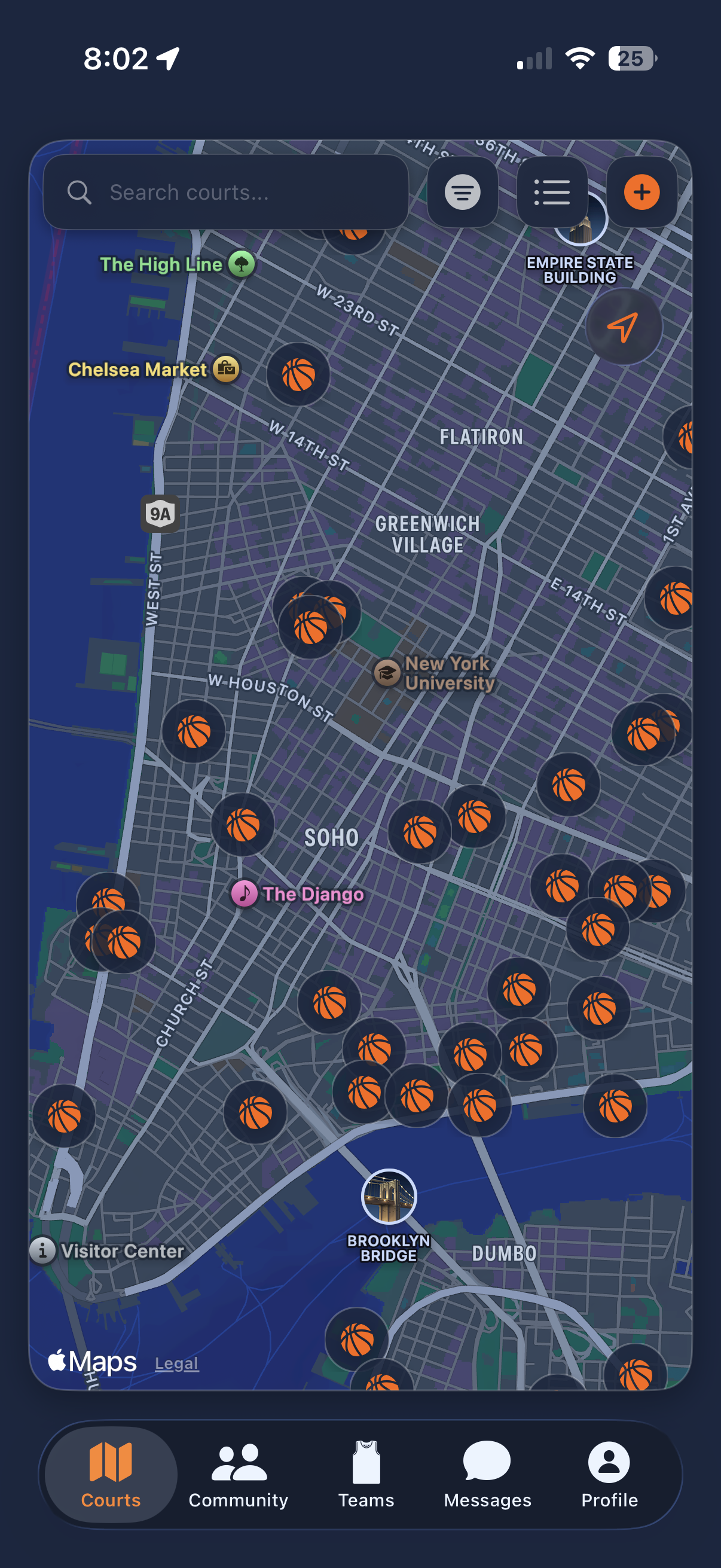 Map view of NYC with basketball court markers showing live check-ins