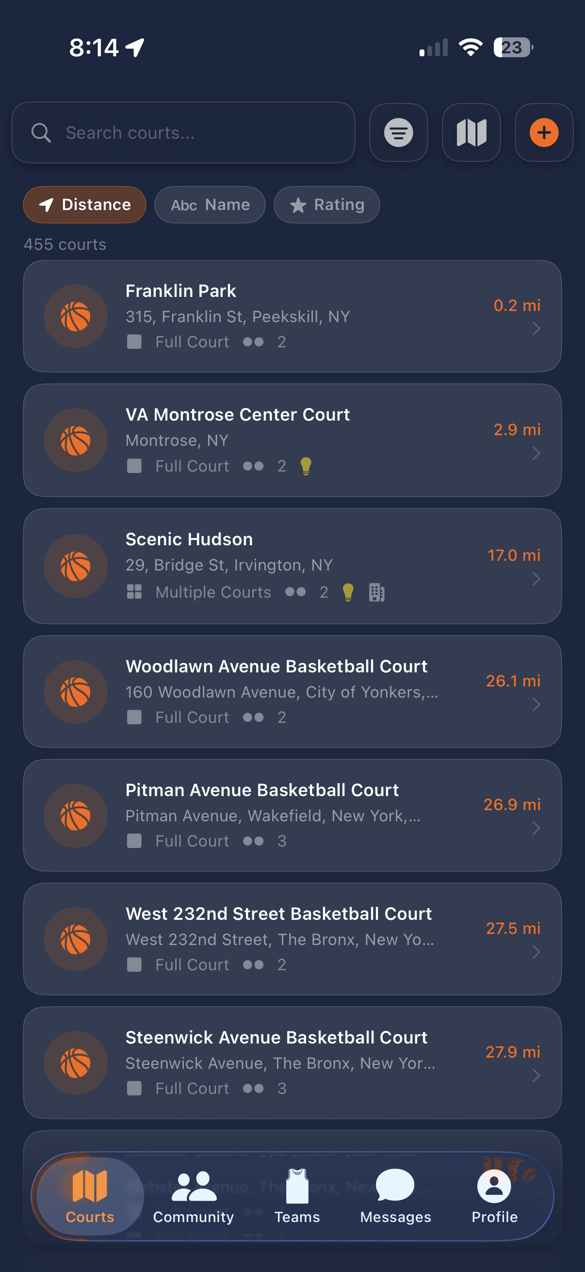 Courts directory sorted by distance showing 455 catalogued courts