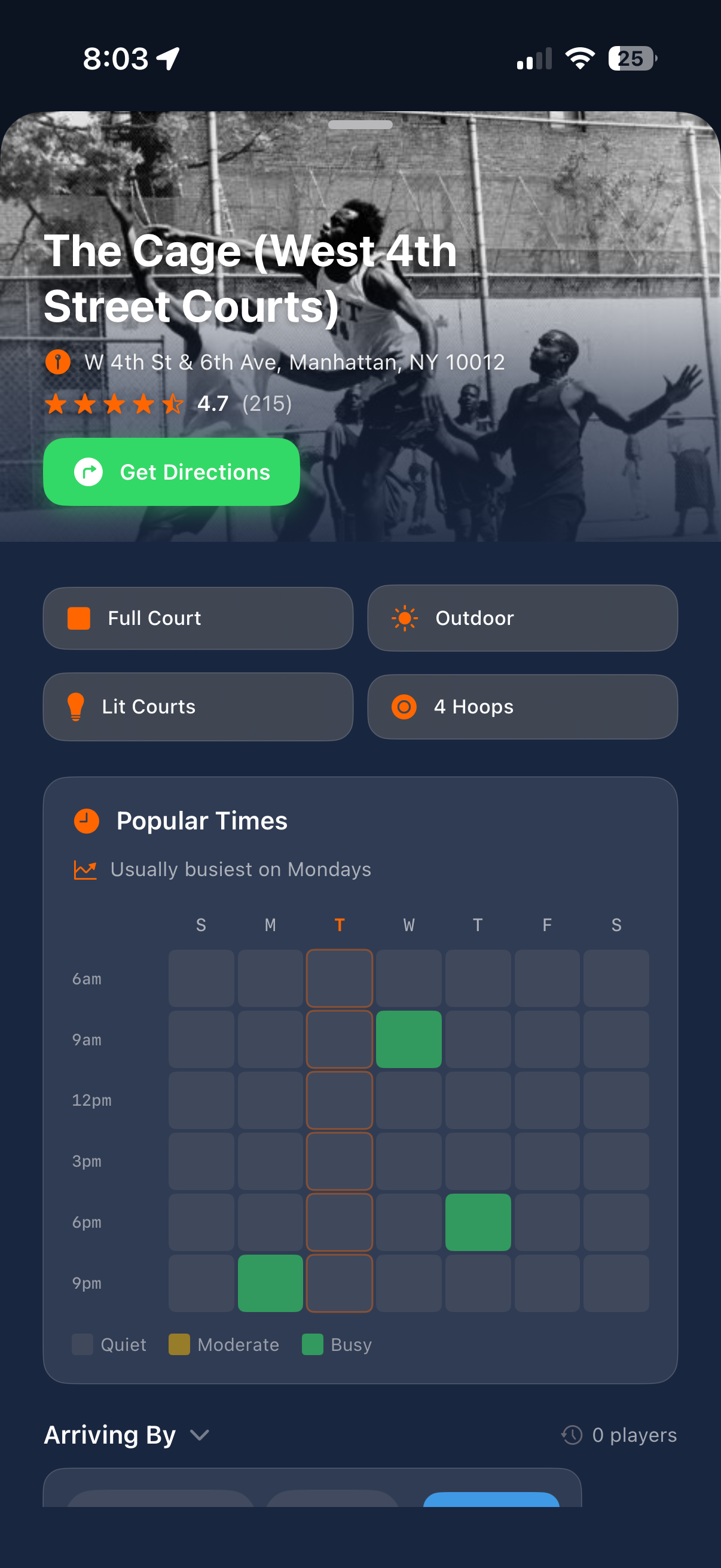 Court profile page for The Cage at West 4th Street with amenities, rating, and weekly popularity heatmap