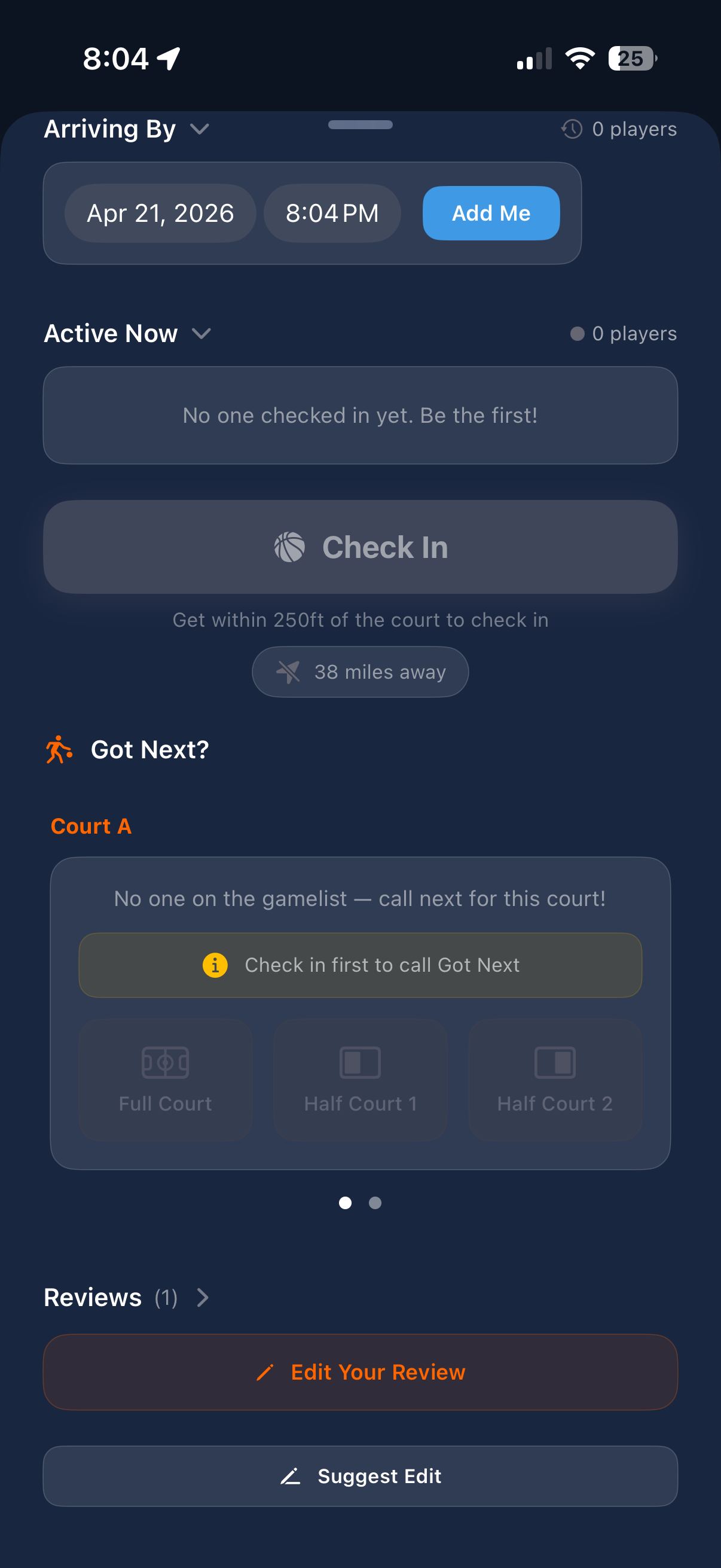 Check-in screen with arrival time picker and Got Next gamelist