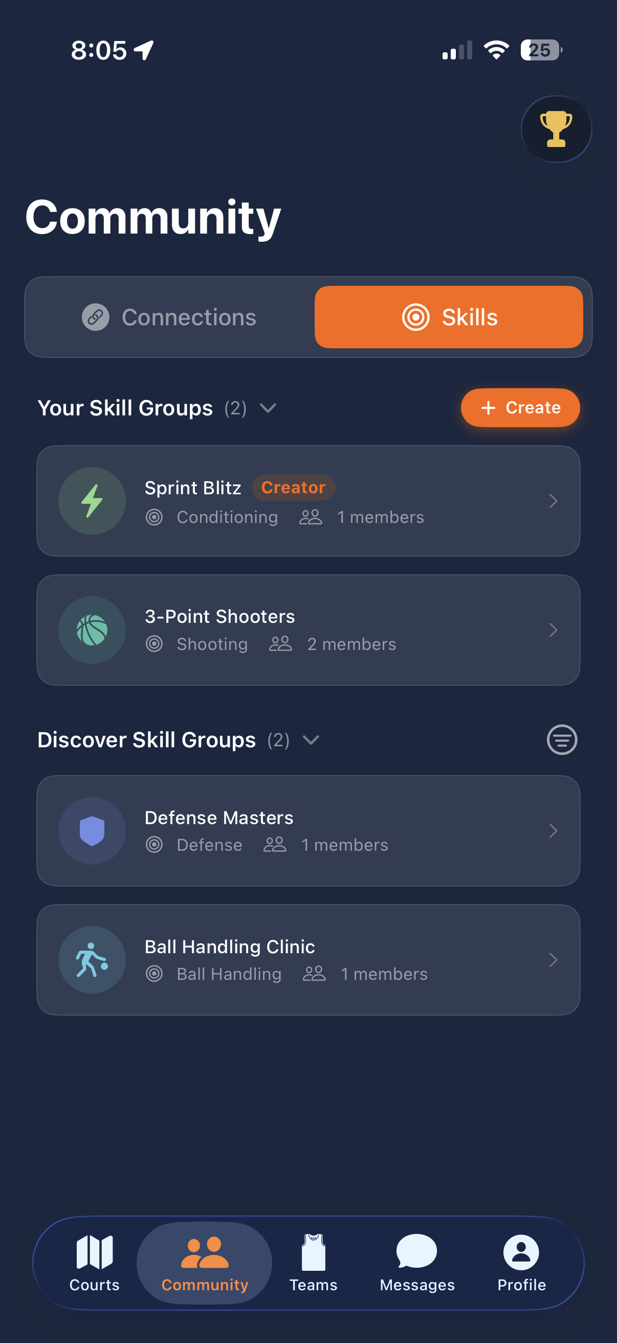 Community tab showing skill groups for conditioning and shooting