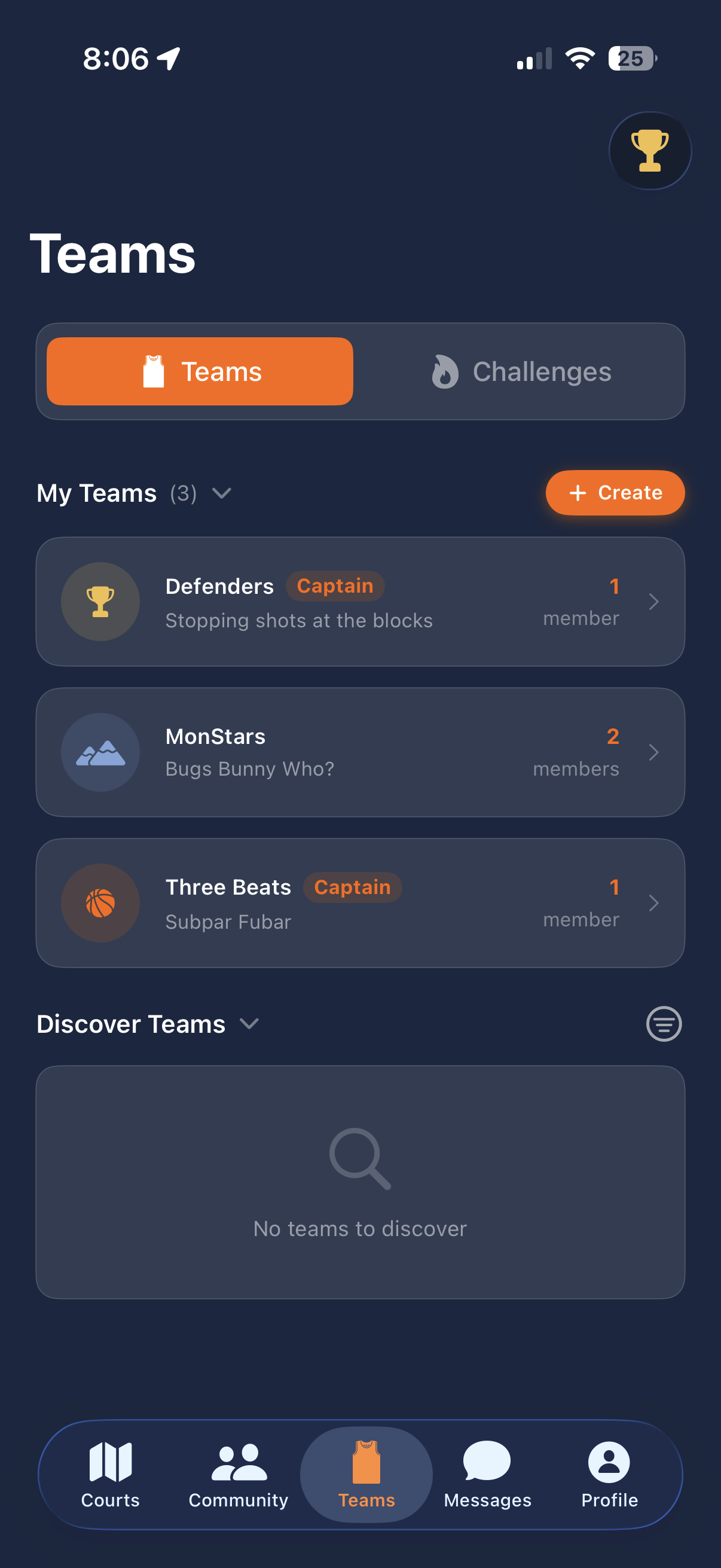 Teams list showing Defenders, MonStars, and Three Beats
