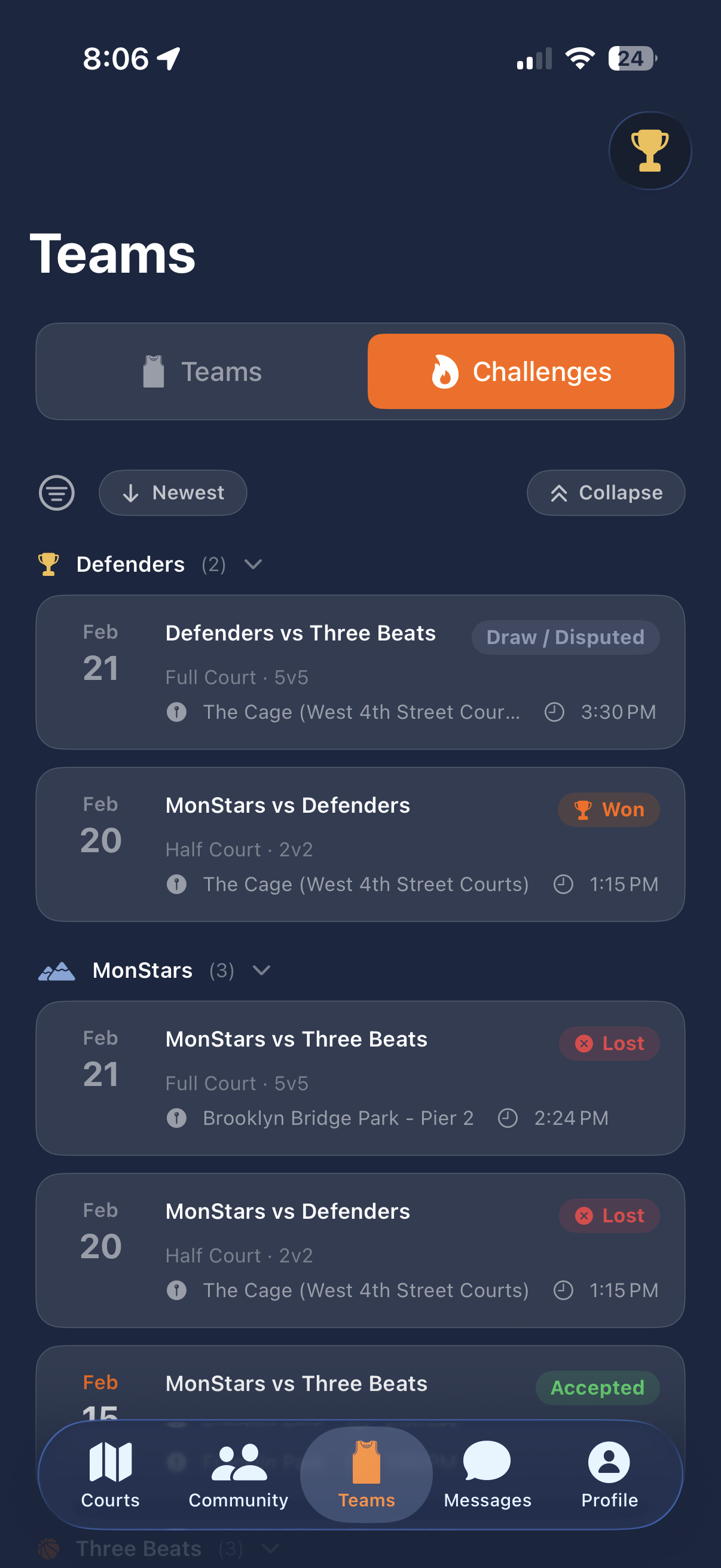 Challenges tab showing matchups with won, lost, and draw outcomes