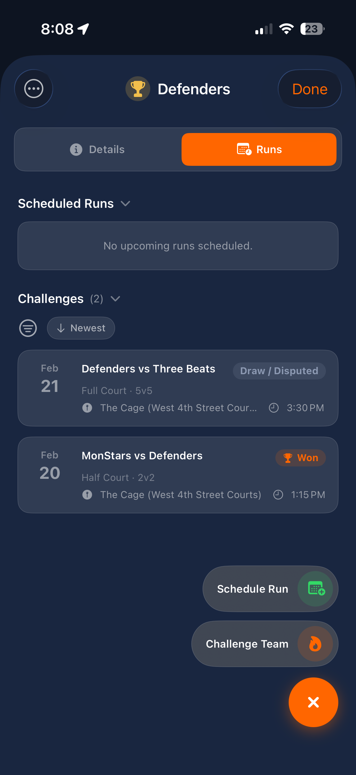 Defenders team detail with scheduled runs and challenge history