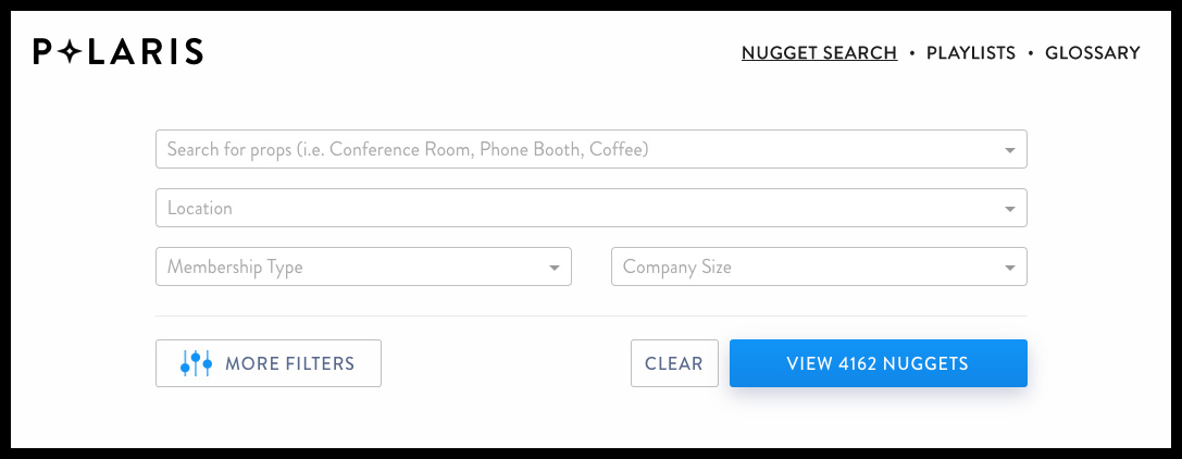Polaris nugget search interface with filters for props, location, membership type, and company size, showing 'View 4162 Nuggets' result count
