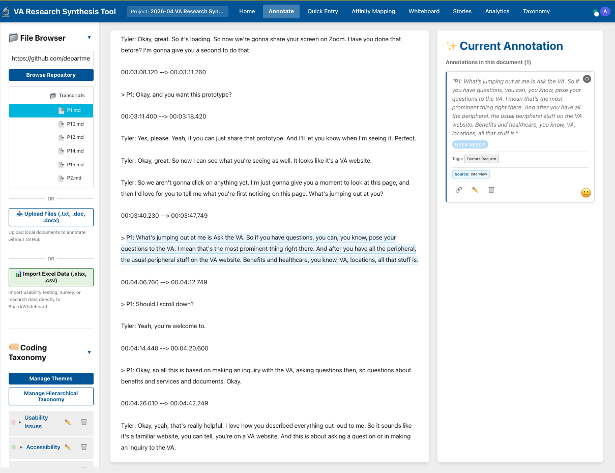 Transcript annotation interface showing highlighted passages with tag panel