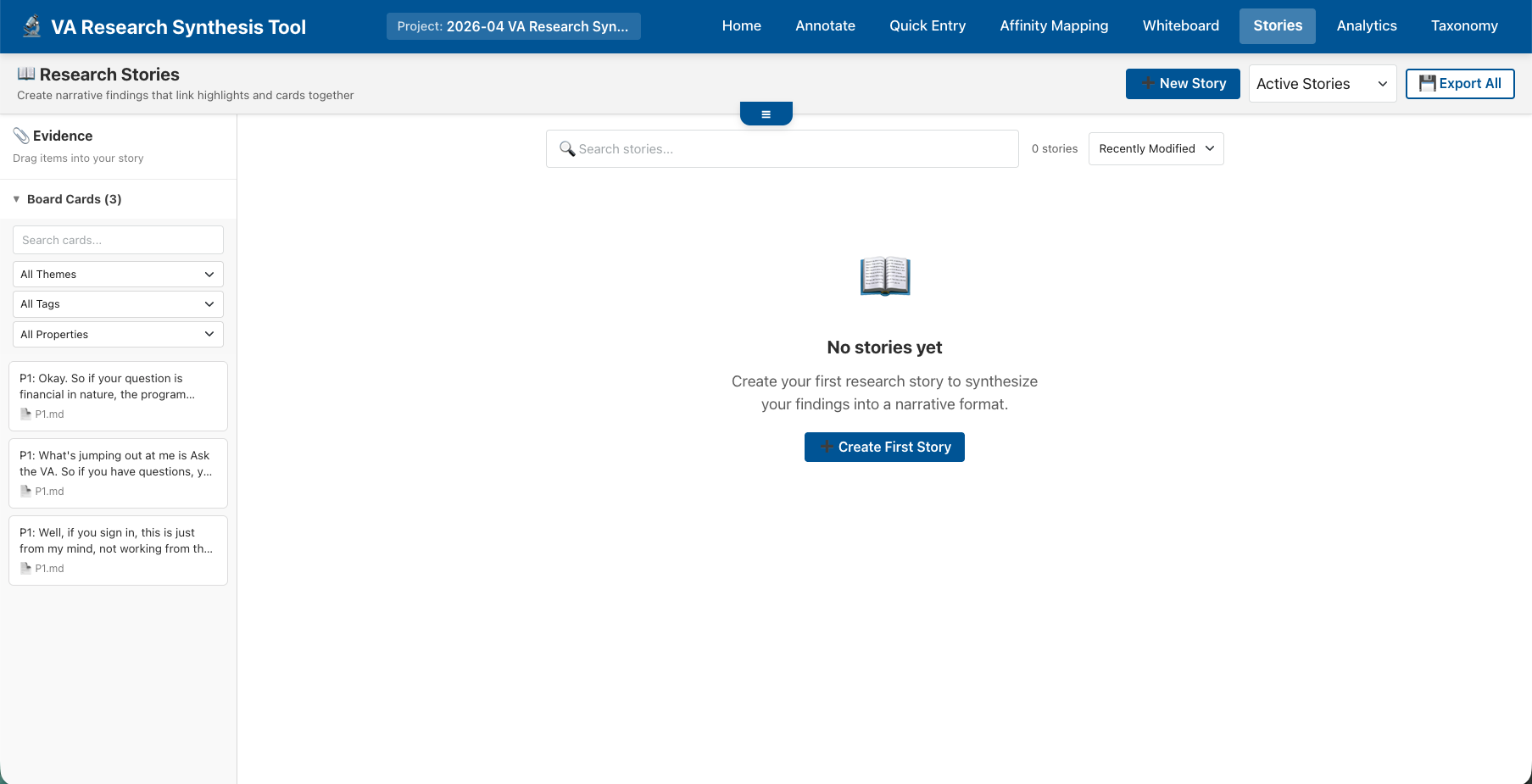 Research stories interface with narrative structure and supporting findings